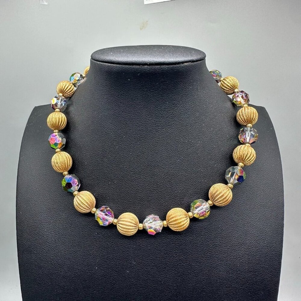 Vintage Necklace Gold Tone Ribbed Beads Purple AB Glass Choker Hook Clasp 12"